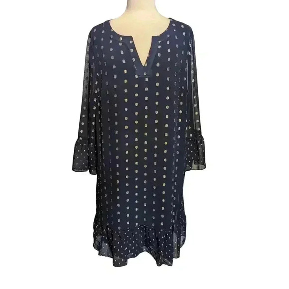 Crown & Ivy Navy Blue Metallic Dot Long Sleeve Highland Ruffle Dress Size XXL - Picture 1 of 9